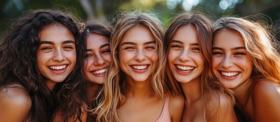 Fototapeta premium Four happy young women laughing together on a beach.