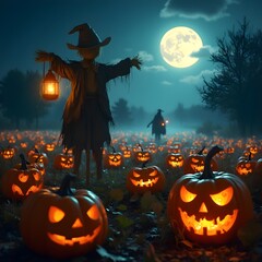 Fototapeta premium halloween background with pumpkin and bats, spooky halloween night: moonlit pumpkin patch and mysterious figure