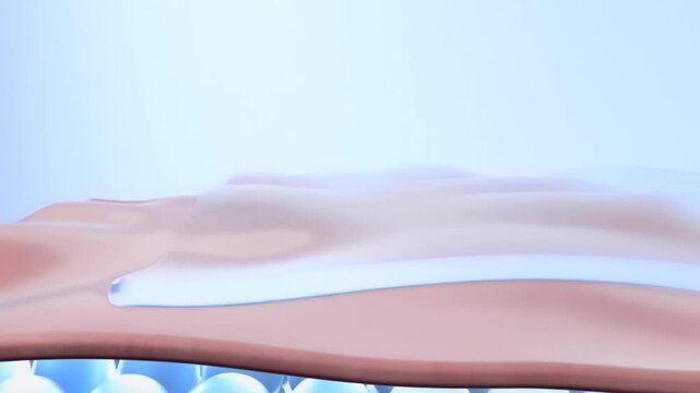 The protective covering of skin is removed in the right corner to shield the skin from the sun's UV rays, as shown in 3D animation video set against a blue background.