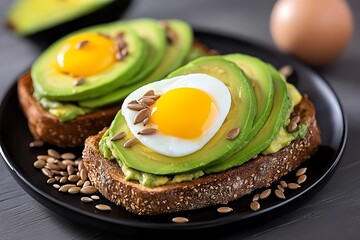 Hyper-realistic avocado toast topped with eggs and seeds, with detailed textures of the bread, avocado slices, and perfectly cooked egg