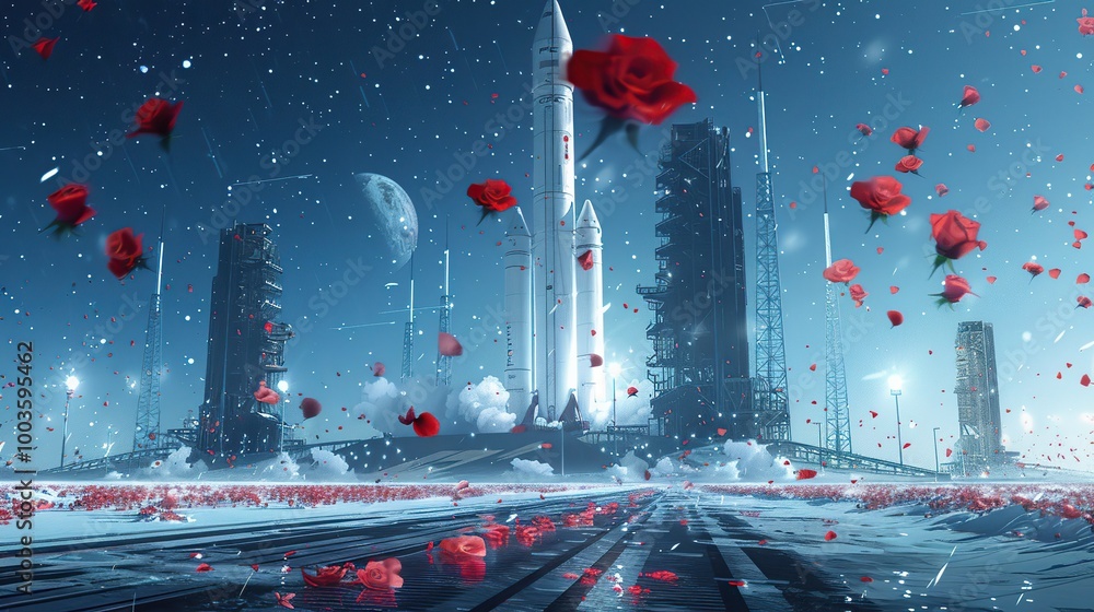 Poster a snowy space launch pad with a rocket ready for liftoff, surrounded by advanced technology and red 