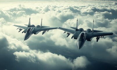 Two Fighter Jets Flying Through Clouds