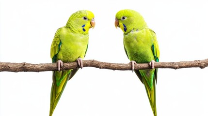 Fototapeta premium Two green parakeets on a branch isolated on white background