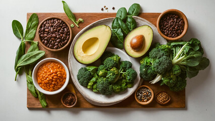 Flat lay of fresh green vegetables on white background. Organic vegetables, avocados, healthy, plant based food and vegan diet