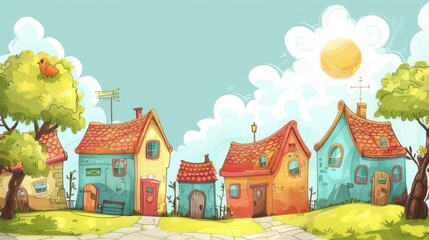 Fototapeta premium A vibrant illustration of a whimsical village with colorful houses, sunny sky, and playful details, perfect for children's books and decor.