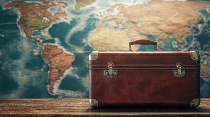 Vintage suitcase on wooden table and world map background, travel concept