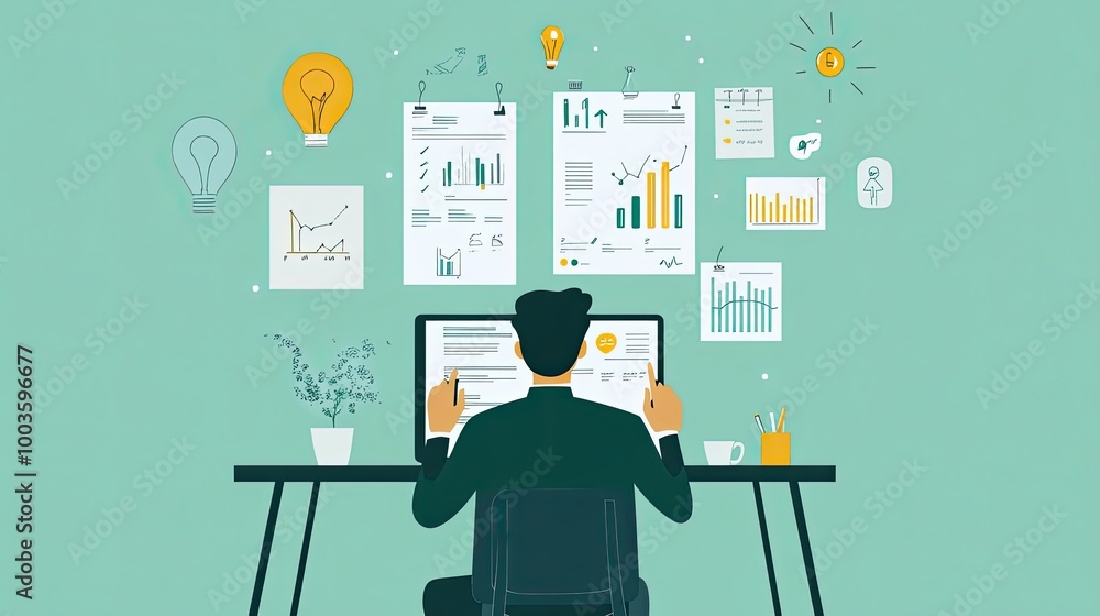 Poster man working at a desk with charts and graphs surrounding him