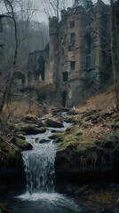 a waterfall flowing down a rocky stream in a forest