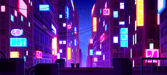 Night neon downtown city street with signboard on building perspective view. Abstract future cityscape road game panorama. 2d cyber futuristic metaverse district environment. Anime skyscraper banner © klyaksun