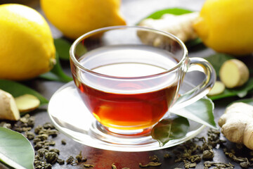 Green tea with fresh ginger and lemon, immune booster antivirus drink, hot winter tea on black background, closeup, natural medicine and naturopathy concept