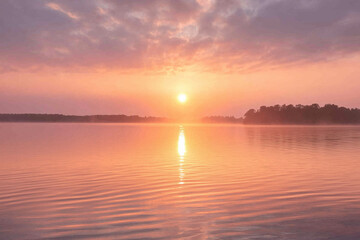 Fototapeta premium Peaceful Morning: A Tranquil Sunrise Over a Serene Bay with Gentle Waves