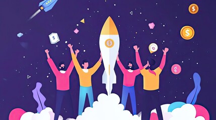 Fototapeta premium Four Cheerful People Holding a Rocket Ship Surrounded by Dollar Signs and Stars