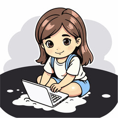 colorful doodle illustration of a girl using laptop 