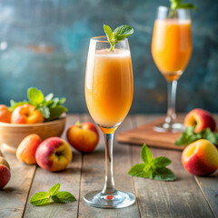 Fototapeta premium Peach Bellini Cocktails with Fresh Mint and Peaches in Champagne Flute