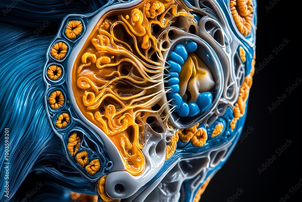 Poster Hyper-realistic view of the inner ear anatomy, showing the detailed structures of the cochlea, semicircular canals, and auditory nerve