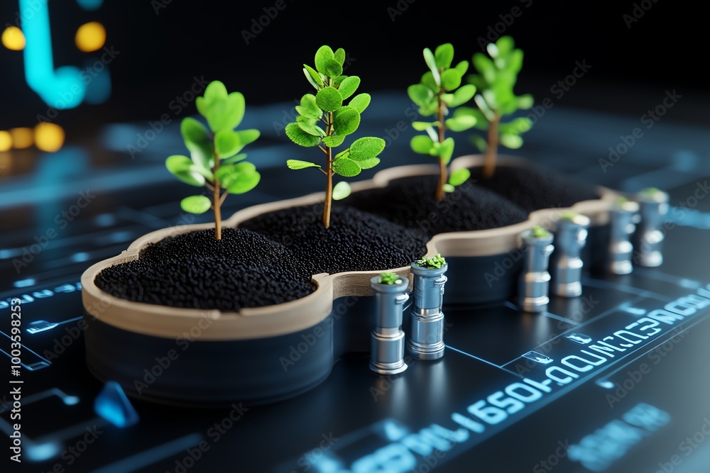 Poster interactive 3d model of a reforestation project, with fully animated trees growing and absorbing car