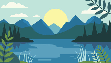 Peaceful Nature Landscape of Mountain and Lake River with Sun in Green Forest