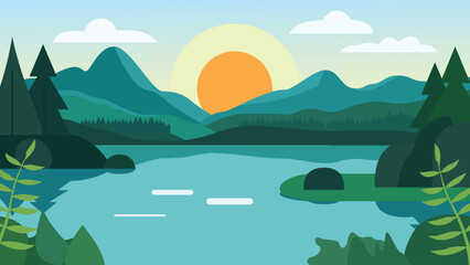 Peaceful Nature Landscape of Mountain and Lake River with Sun in Green Forest