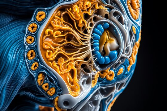 Hyper-realistic view of the inner ear anatomy, showing the detailed structures of the cochlea, semicircular canals, and auditory nerve