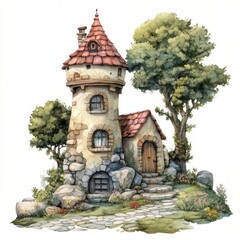 Charming stone tower house with a whimsical design, isolated.