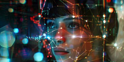 A digital representation of a woman immersed in a data-driven interface, showcasing futuristic visual technology and neural connections.

