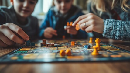 Children engaged in a board game, focusing on colorful pieces and strategy.