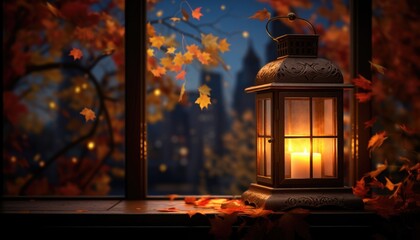On the windowsill is a lantern with a burning candle. Around are autumn maple leaves. The window shows the night city