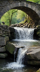 Naklejka premium a waterfall flowing under a stone bridge in the woods