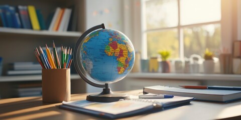 Geography class with a clay globe and textbooks on a desk
