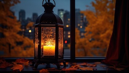 On the windowsill is a lantern with a burning candle. Around are autumn maple leaves. The window shows the night city