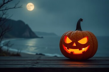 One spooky halloween pumpkin, Jack O Lantern, with an evil face and eyes on a wooden bench, table with a misty gray coastal night background with space for product placement 