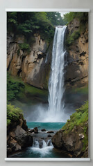 painting of a waterfall in a rocky area with a blue water