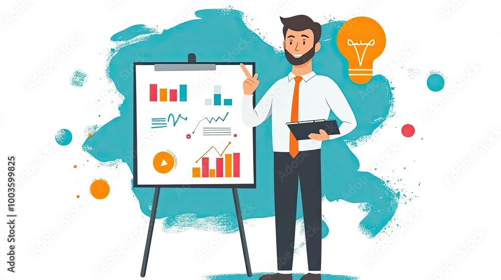 Poster a businessman presenting a whiteboard with graphs and charts with an idea bulb behind him.