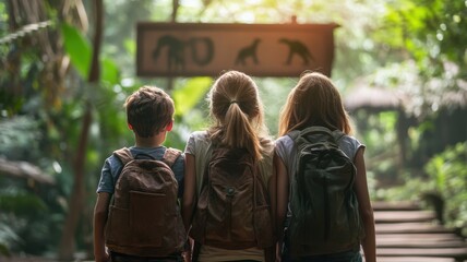 Children exploring nature trails with backpacks in a vibrant forest environment.