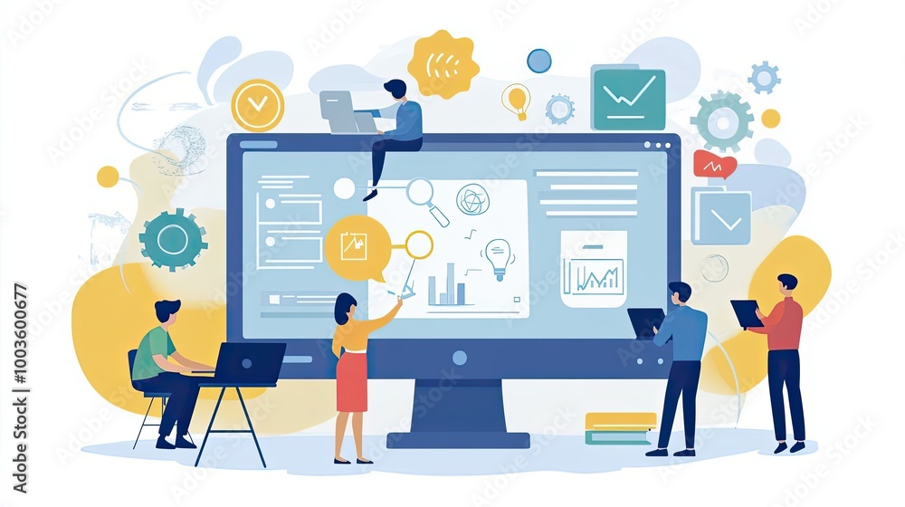 Poster Team of people working on a project with a large computer screen showing graphs, charts, and icons