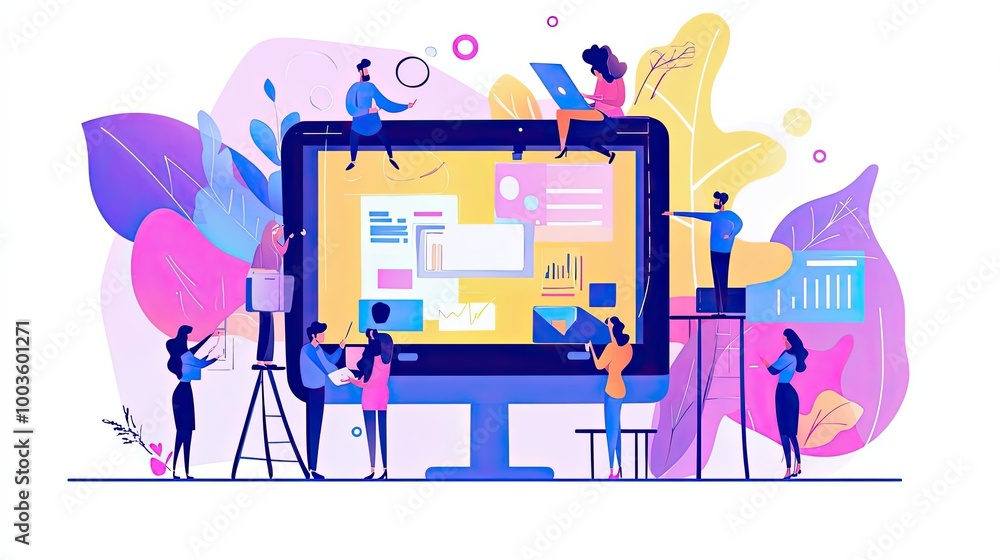 Poster team of diverse characters collaborating around a large computer screen with colorful graphics and d