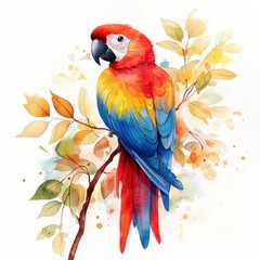 Obraz premium Colorful parrot perched on a branch with autumn leaves, white background