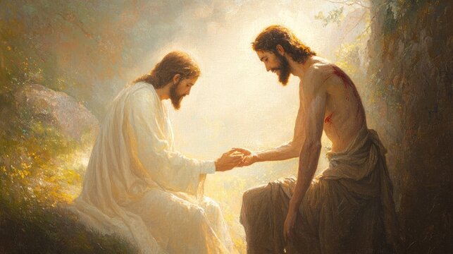 Healing Touch of Compassion: Jesus Embracing a Leper with Warmth and Hope