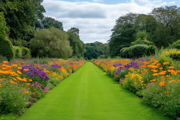Fototapeta premium Lush garden path lined with colorful flowers and vibrant green grass under a cloudy sky