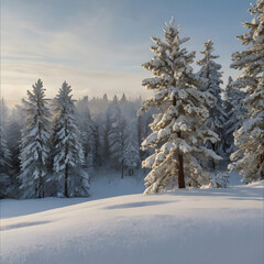 Winter Snow-Covered Landscape with Pine Trees