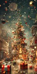 Obraz premium A Christmas tree with many ornaments is shown in a city street