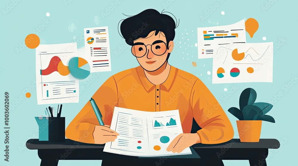 Poster man with glasses analyzing charts and graphs at a desk