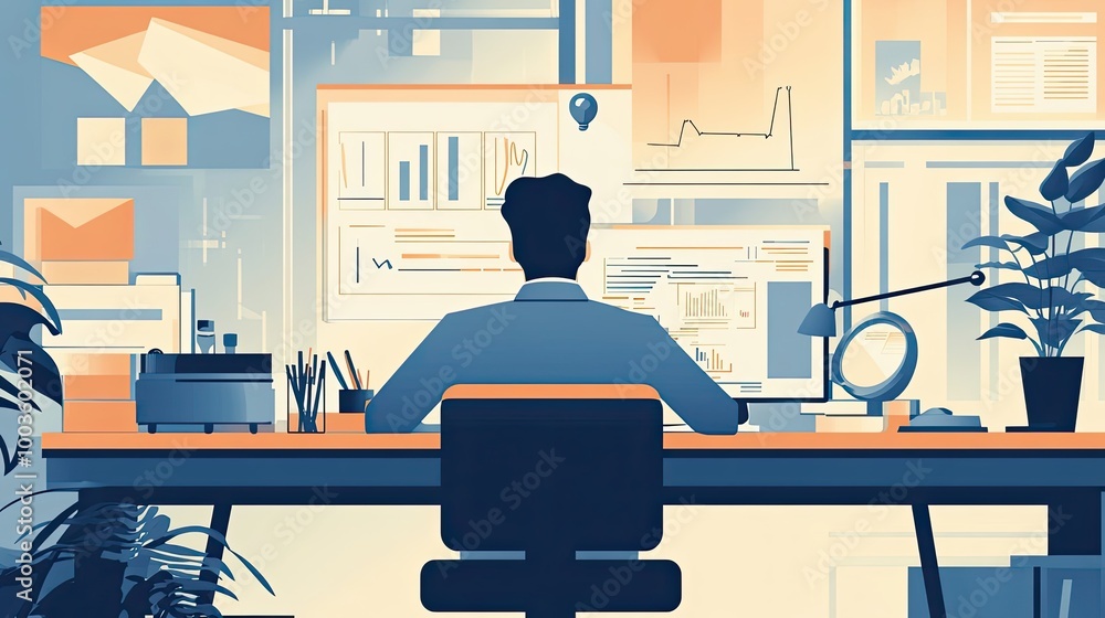 Poster a man sitting at a desk with charts and a computer in front of him
