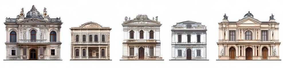 Fototapeta premium Transparent background PNG featuring a series of Baroque-style architecture elements.