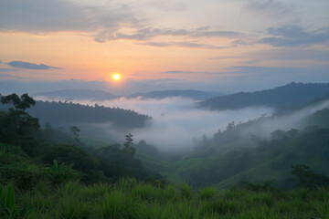 Peaceful Sunrise Over a Foggy Valley with the Sun Gently Illuminating the Mist