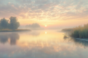 Obraz premium Serene Sunrise Over a River with the First Light of Dawn Reflecting on the Water