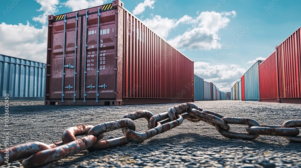 Poster rusty chain in front of a row of cargo containers