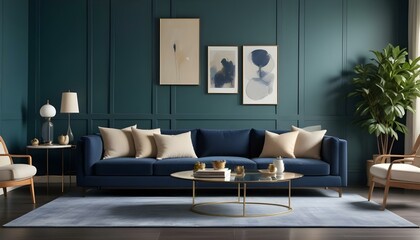 A modern living room with a large navy blue sofa, two beige throw pillows, and a glass coffee table on a gray rug in front of a dark green paneled wall.
