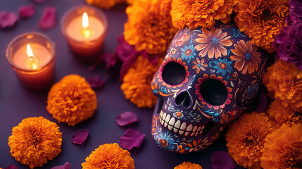 Colorful sugar skull celebration with intricate designs and floral patterns, surrounded by marigolds and candles on a rich purple background. Perfect for dia de los muertos festivities.
