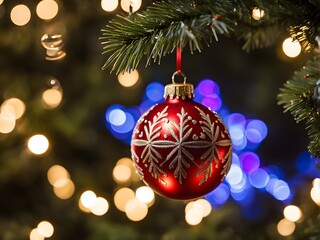 Christmas ornament hanging on a tree, with reflections of twinkling lights and fireplace flames flickering in the background